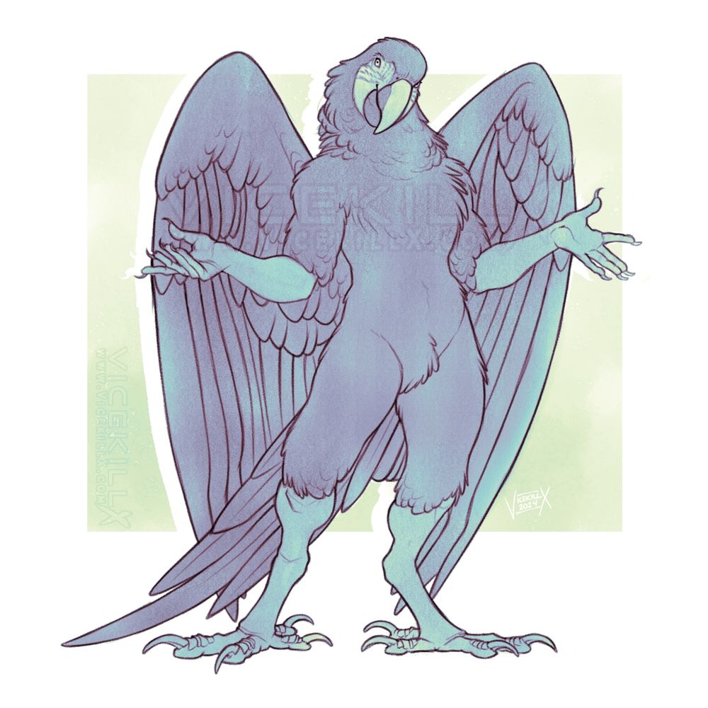 Art of an anthro macaw smiling and holding both arms out