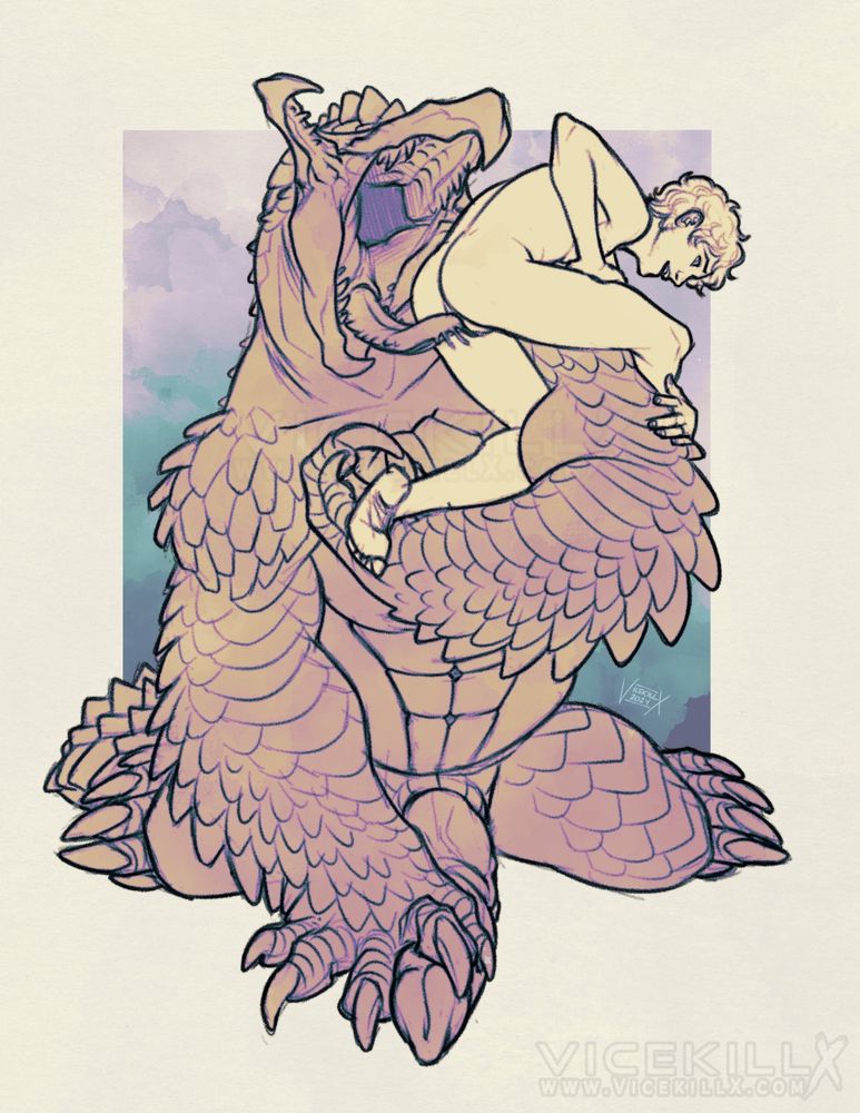 Art of a large monster covered in plate scales with a graboid-like head holding a human transmasc twink up over one shoulder, other paw pinning his own dick to the ground, and tongue several inches deep in said twink's hole