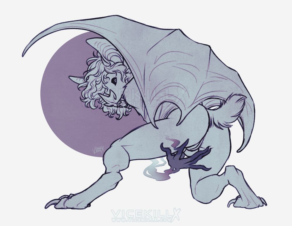 Art of an anthro bat creature seemingly mid-transformation with one wing wrapped all the way around her body and a transparent humanoid hand reaching between her legs. She is crouched down and nude, looking back at the viewer in surprise