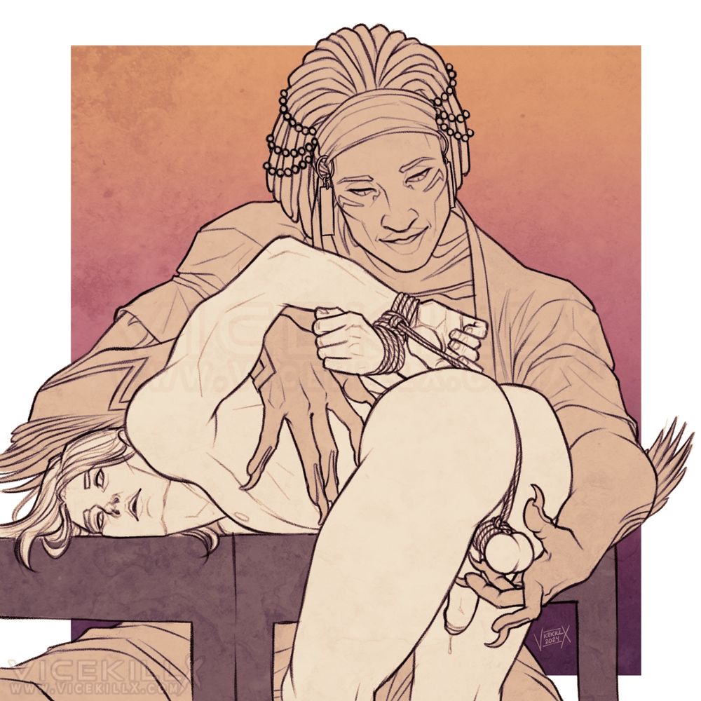 An orokin woman femdomming a much smaller man by tying his balls to his wrists behind his back with shibari rope while she keeps him pinned to a table