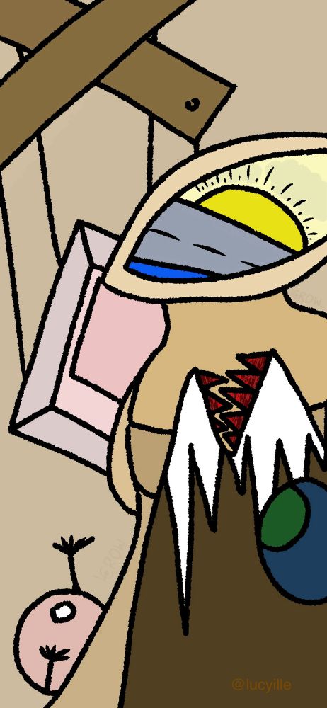 A photo on strings. A puppy with a single eye as its head. Within the eye, there’s a street with a sun rising above and below the street, there’s an ocean. At the bottom, there’s a brown fish that has a shaped like mountain inside. A blue eyeball with a green iris. An eyeball reaching out to the photo that is hanging above. 