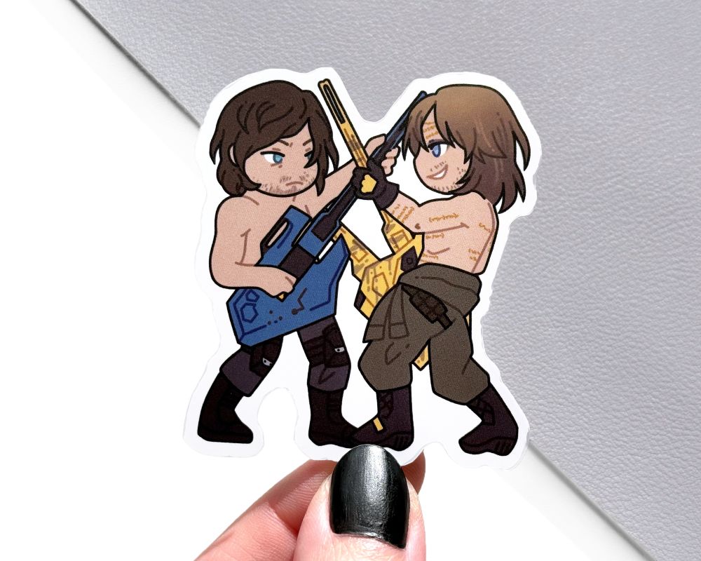 A vinyl sticker of Sam and Higgs from Death Stranding 2, engaged in a guitar battle