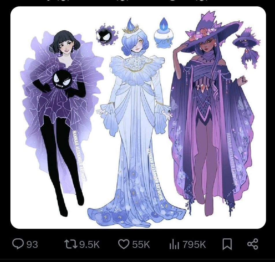 Twitter screenshot. An illustration featuring 3 female figures based on the Pokemon Ghastly, Litwick and Mismagius 