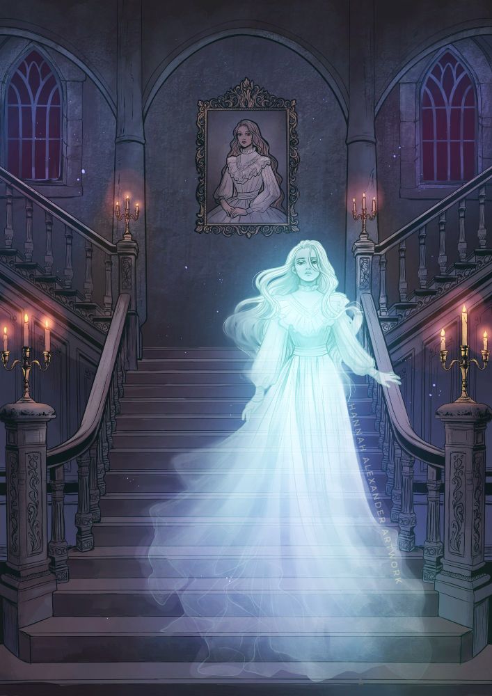 An illustration of a radiant ghost walking down a gothic flight of candlelit stairs