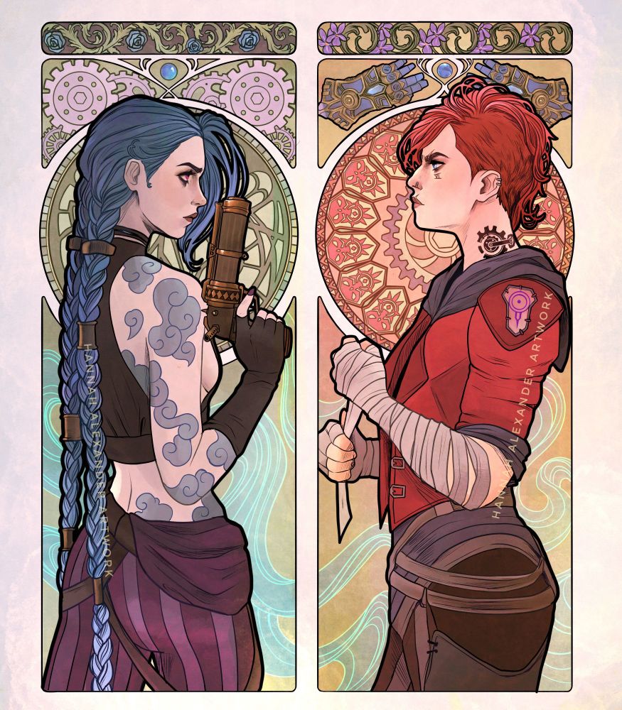 Two art nouveau style posters of Jinx and vi from Arcane. 