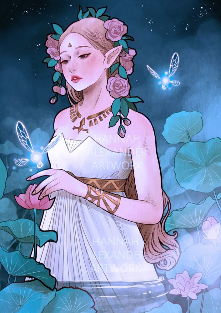 Princess Zelda stands half submerged in a pool lit by fireflies at night