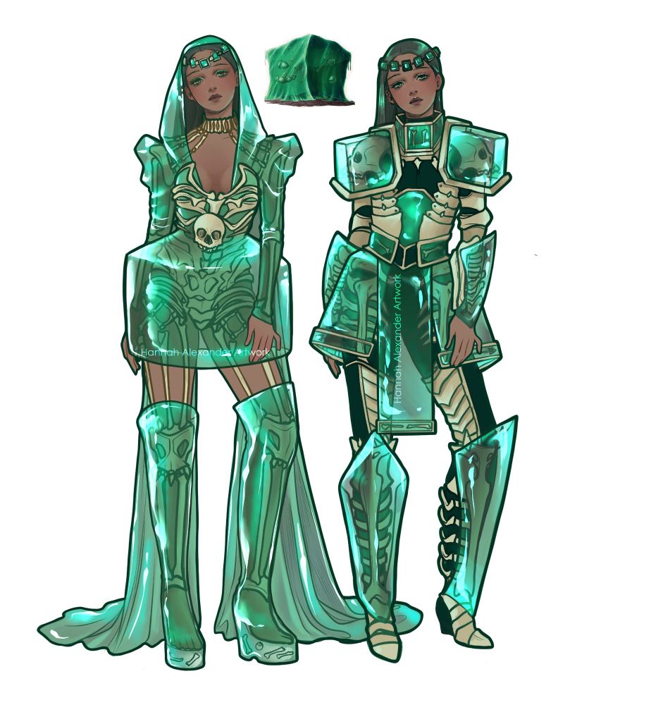 Two feminine figures, digitally illustrated, dressed in translucent green garments inspired by the Gelatinous Cube. Beneath these glossy green layers sits garments constructed from the bones found absorbed within the cubes.
