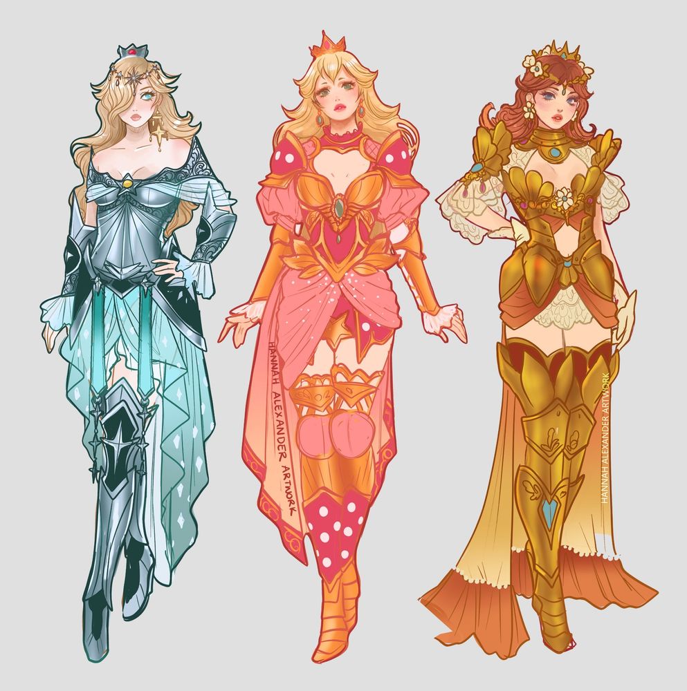 Left to right: three digital full body illustrations of Rosalina, Peach and Daisy from the Super Mario Bros. They are depecited in their respective blue, pink and yellow colour themes, wearing armour and draped skirts. 