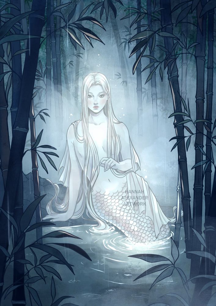 A silver mermaid sits in a bamboo grove, softly glowing and shrouded in mist. 