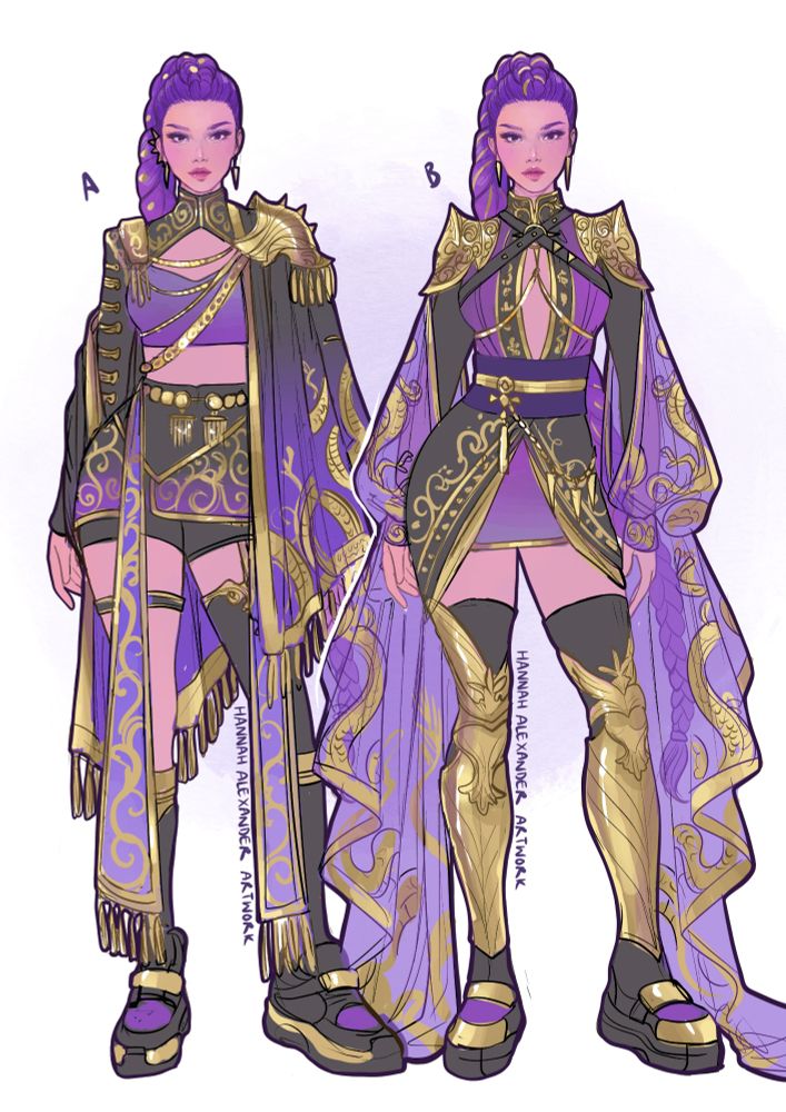 Two digital illustrations of Rumi from kpop demon hunters. Each figure wears purple robes, gold armor details and gold embroidery
 