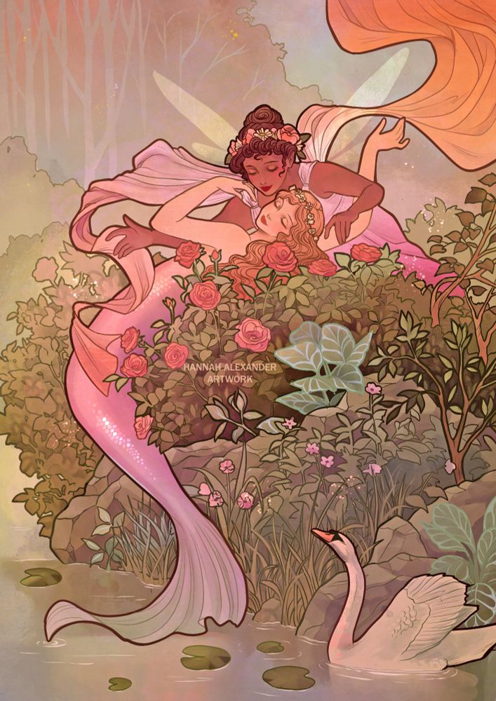 Depicted in soft, pastel tones, a mermaid sprawls over rocks and roses, her tail barwly skimming the surface of a calm stream. Above her, a fairy dressed in billowing robes leans down to embrace her.