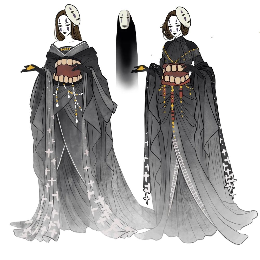 Two costume designs inspired by No Face from Spirited Away. The kimono-inspired dresses are ombre - black to grey from top to bottom - and designed in sheer, floaty fabrics. Each has a belt styled to resembled No Face's gaping mouth and square teeth.