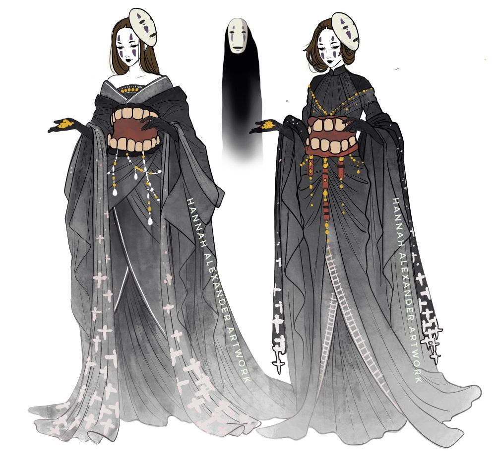 Two figures dressed in ethereal grey veiled gowns, embellished with gold nuggets and bath house tokens. Inspires by No Face (Kaonashi) from Spirited Away. 