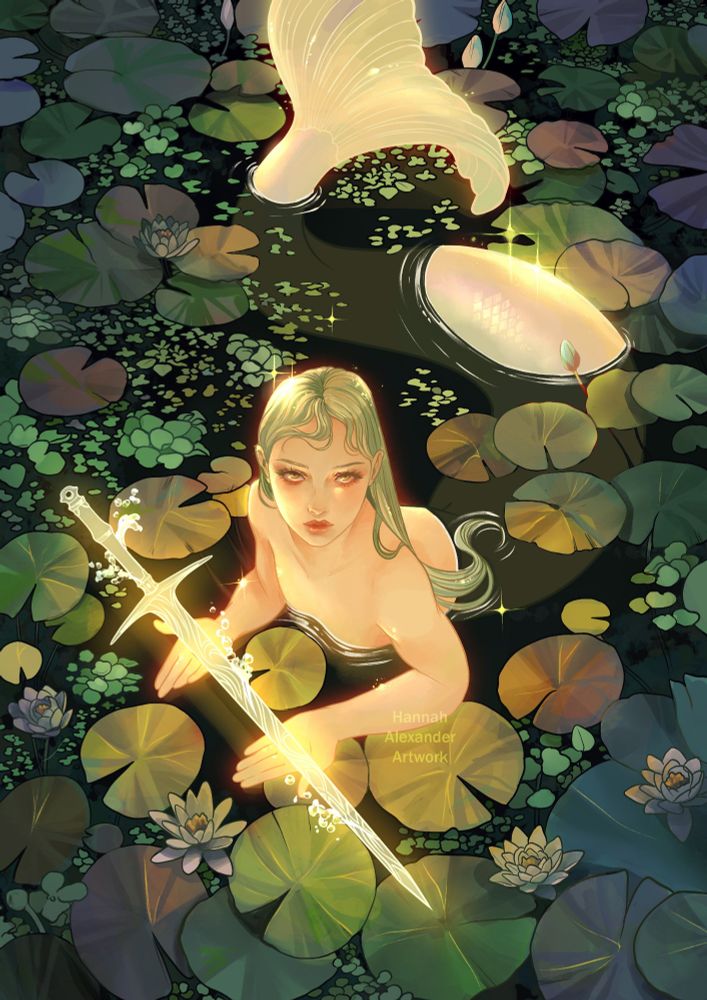 A mermaid swims towards the viewer through lilipads and duckweed. She holds out a glowing, enchanted sword, staring mysteriously up at the viewer. 
