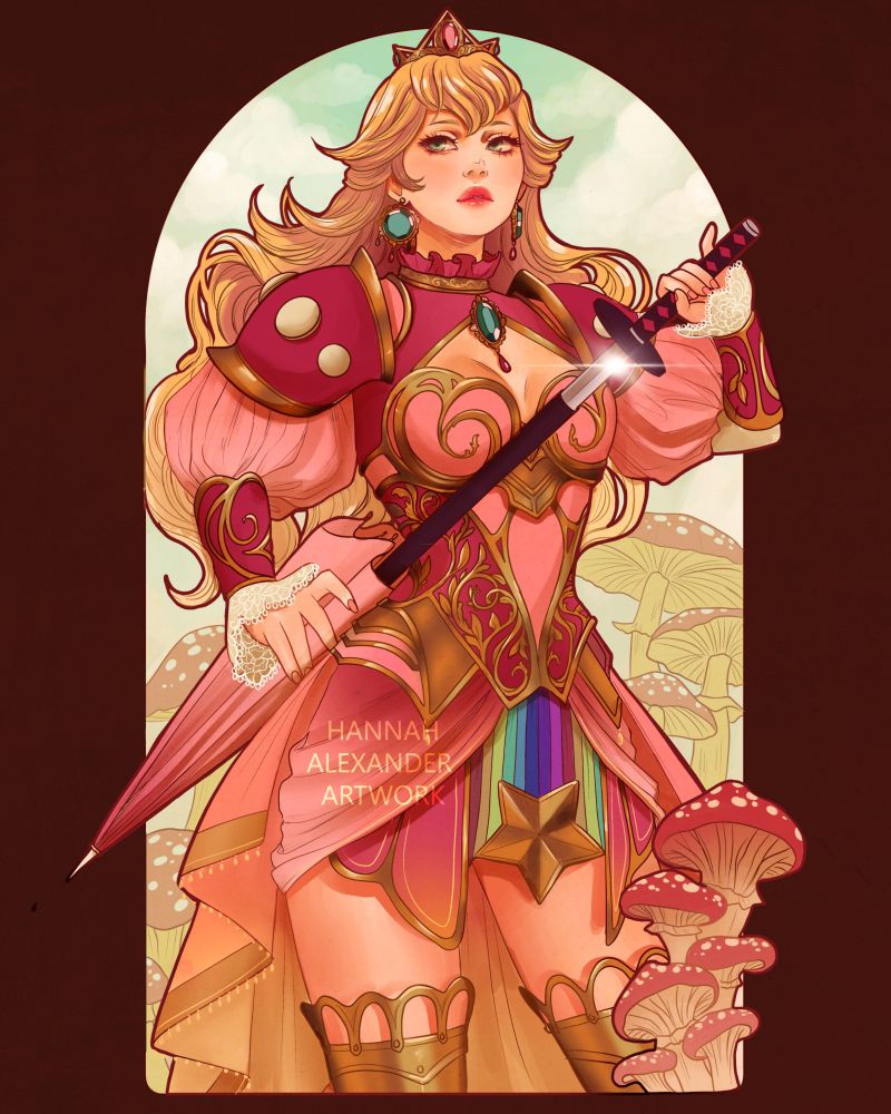 A digital illustration of Princess Peach, depicted in mushroom themed armour and drawing a katana out of an umbrella sheath. 