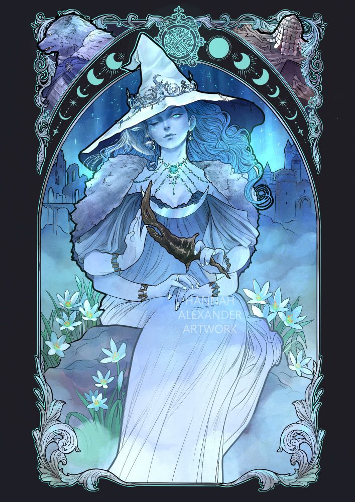 An art nouveau style digital illustration of Ranni from Elden Ring. She sits surrounded by moon lilies with the castle structures of Carion Manor behind her, holding the fingerslayer blade. In the top corners are the characters Iji and Blaidd. 