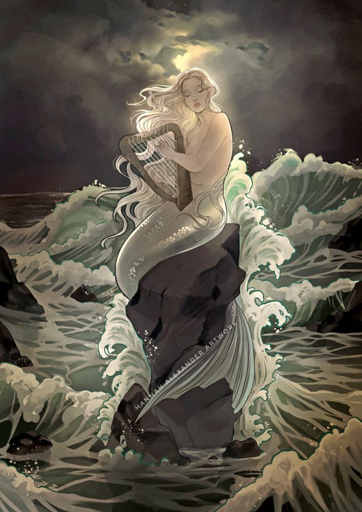 A mermaid sits on a rock amid crashing waves and stormy, dark skies. She sings while playing a harp, her eyes closed and her hair lit in a halo of light from the moon shining through the clouds. 