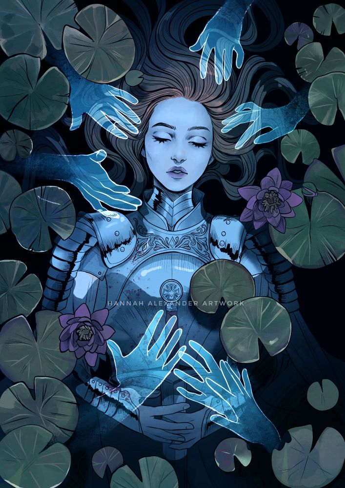 An illustration of a female knight floating among lily pads. Ghostly hands reach out to her from the gloom