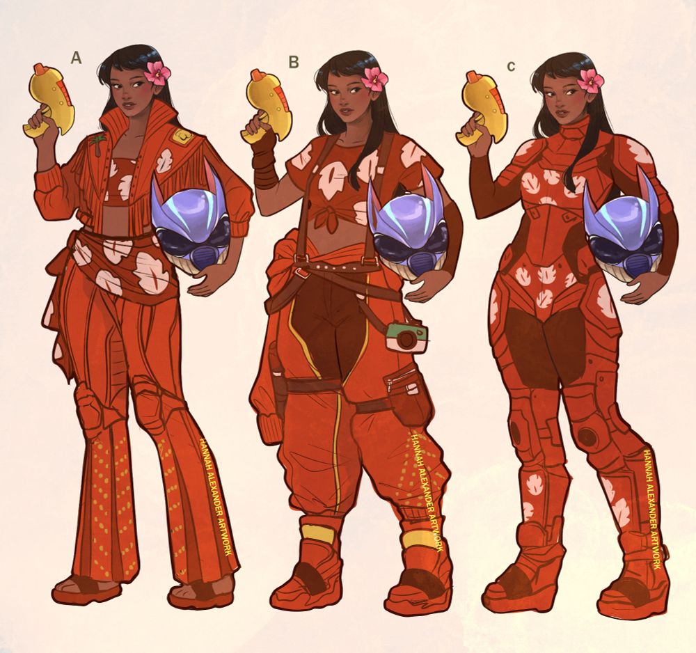 Three figures depicting an older version of Lilo from Lilo and Stitch. She wears variations of orange jumpsuits over her leaf patterned red shirt. In one hand she holds a yellow laser gun. A Stitch themed space helmet is tucked under the other.