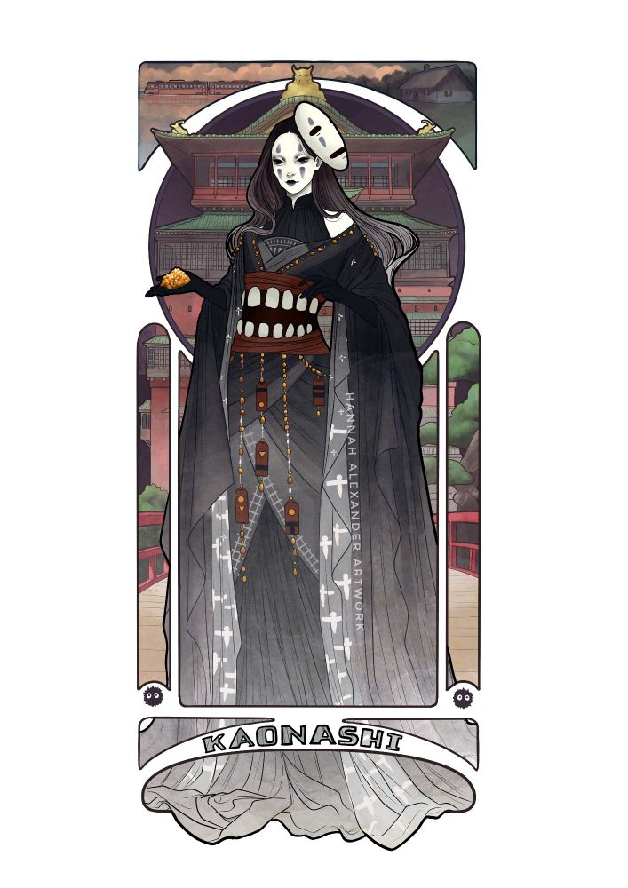 A human rendition of No Face from Spirited Away. They are dressed in ethereal greyscale robes embellished with gold pieces and bath tokens. The front of their obi is lined with giant teeth. Behind them is the bath house, and in the upper corners is a train crossing the ocean, and a small cottage owned by Zeniba.