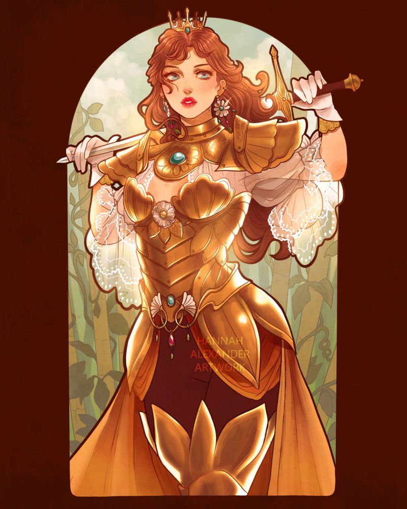 A digital illustration of Daisy dressed in golden, petal inspired armor, propping a sword across her shoulders. 