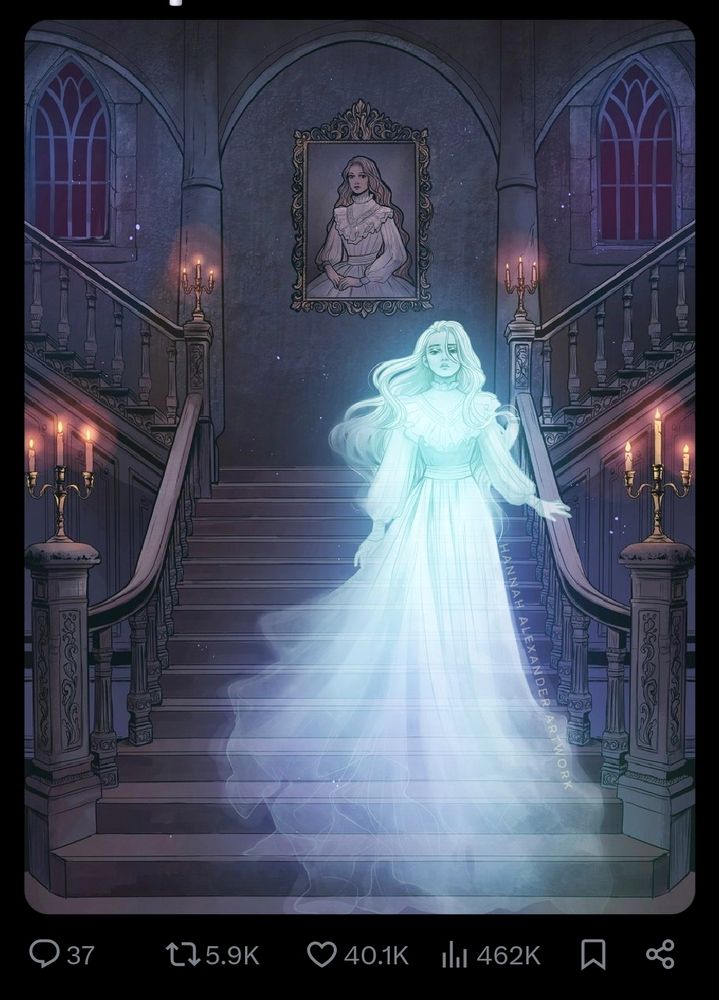 Twitter screenshot. Illustrations of a glowing white ghost woman walking down a flight of Victorian style stairs.