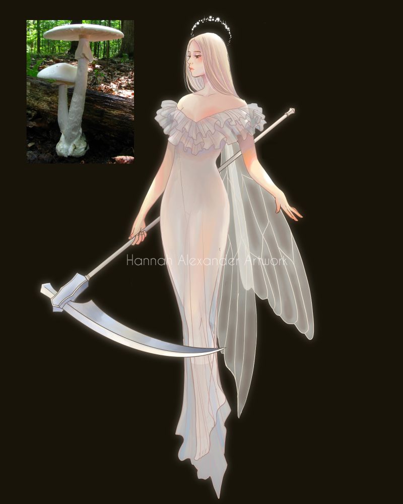 Digital artwork. A pale slender fairy bathed in an ethereal glow delicately holds a great scythe 