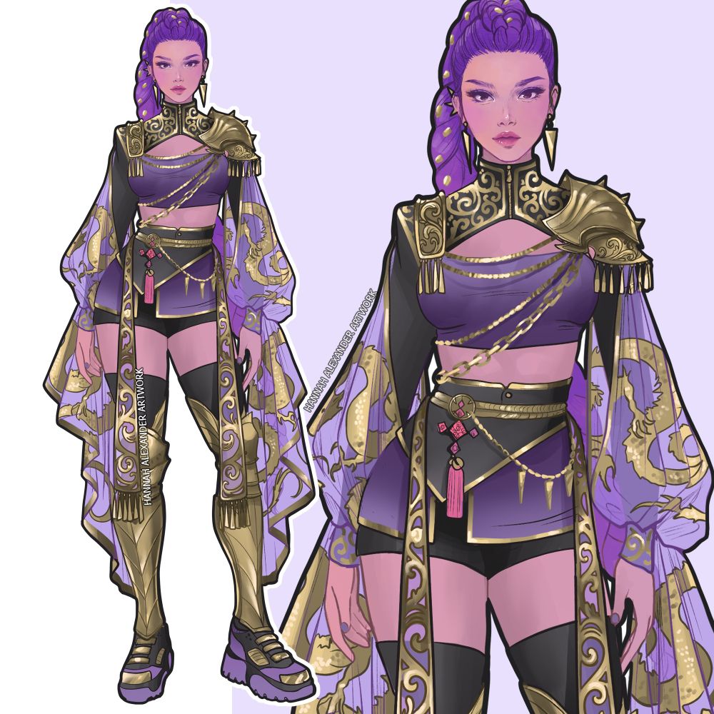 Digital illustration of Rumi. Left is full figure showcasing a purple and gold embellished costume with flaring sleeves and gold armour. Right is a close up of the full figure, showing Rumi staring straight ahead. 