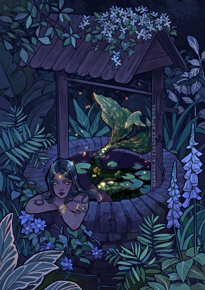 A stone well sits among an overgrown thicket of leaves and flowers at night. A mermaid lounges inside and considers you with golden, unimpressed eyes. 