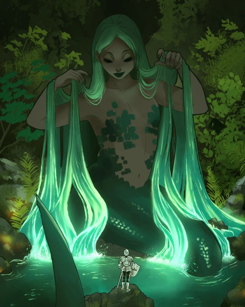 A giant mermaid holds up her hair of glowing water and peers down at a human sized Knight. The Knight looks up at her with their sword sheathed, as though gathering the courage to ask a request.