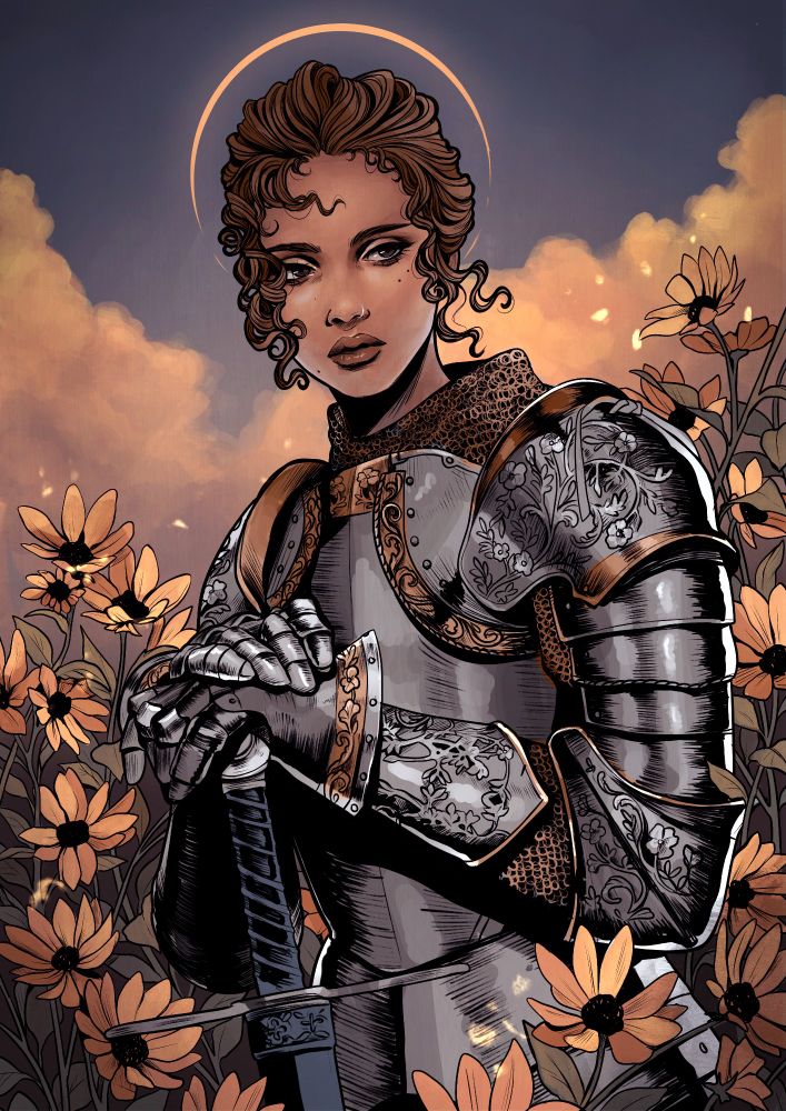 A portrait of a female knight at sunset, surrounded by sunflowers. 