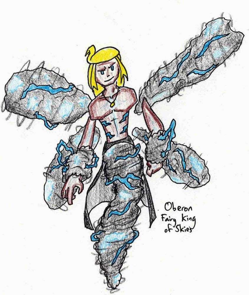 Oberon, the Fairy King of Skies, in his flying mode. He has blonde hair and his four wings are storm clouds with lightning arcing around and within them. His skin is brown with a faint blue glow within. In flying mode, his legs are replaced with a tornado-esque genie or ghost-style tail. His forearms are also wrapped in stormclouds.