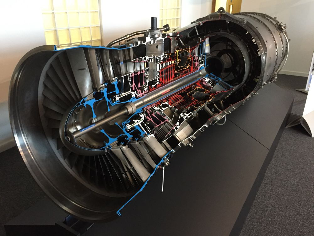 Cut away of a low bypass gas turbine (that is no big fan at the front ejecting cold air out the back). Compressor stages are edged in blue, turbine stages in red. I believe the combustion chamber is pink. There’s a reheat stage (after-burner) at the back so clearly a military engine. 