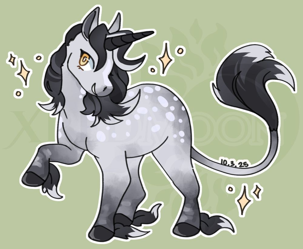 a digital drawing of a chibified unicorn. he's a dapple grey with a dark colored horn. they're posing with one hoof in the air and looking to the side surrounded by sparkles.