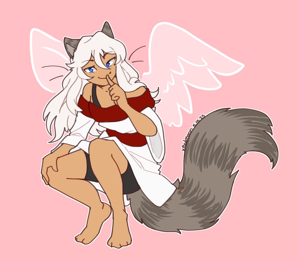 flat color drawing of a catgirl in a crouching position with her hand held to her lips. she has wings