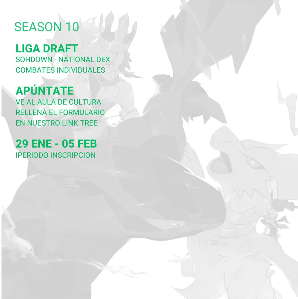 SEASON 10

LIGA DRAFT:
Showdown - National dex
Combates individuales

APÚNTATE:
Ve al aula de cultura o rellena el formulario en nuestro linktr.ee

PERIODO DE INSCRIPCIÓN: 
Del 29 de enero al 05 de febrero