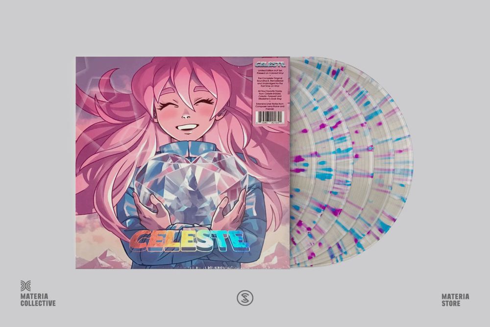 photo of the vinyl set for Celeste Original Soundtrack by Lena Raine. Cover shows Celeste in a drawn art style, smiling with eyes closed, pink hair, holding a crystal heart. Celeste is in rainbow colors. Several vinyl disks are shown in transparent color with bright flecks of pink and blue.