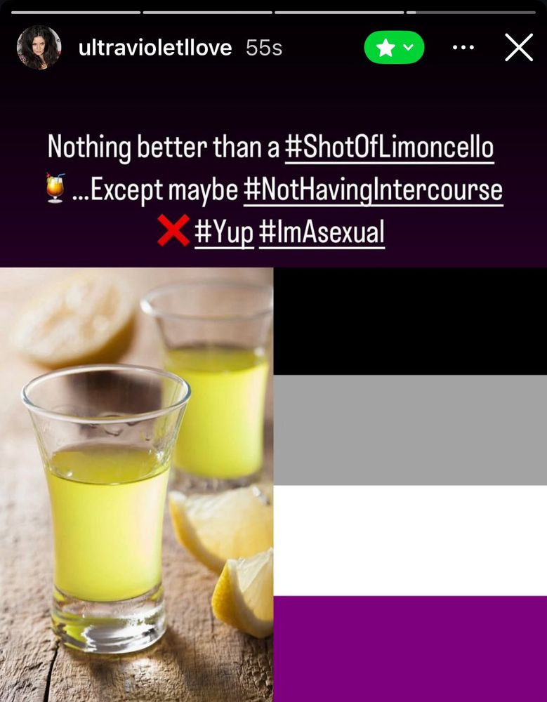 An Instagram story containing two images: one, some shot glasses of limoncello with lemon slices around them; the other, the four stripes (black, grey, white purple) of the asexual pride flag. The text reads “Nothing better than a #ShotOfLimoncello 🍹…Except maybe #NotHavingIntercourse ❌ #Yup #ImAsexual”