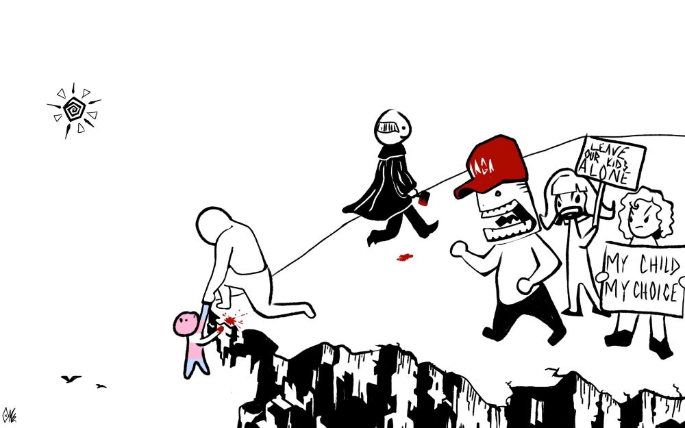 comic depicting a trans child being pulled up from the edge of a cliff whose hand was evidently bashed by a judge with his gavel. a small, angry crowd protests the rescue, one sign reads "LEAVE OUR KIDS ALONE", the other resds "MY CHILD, MY CHOICE". a blockheaded man wearing a maga hat is seen charging towards the cliff edge.