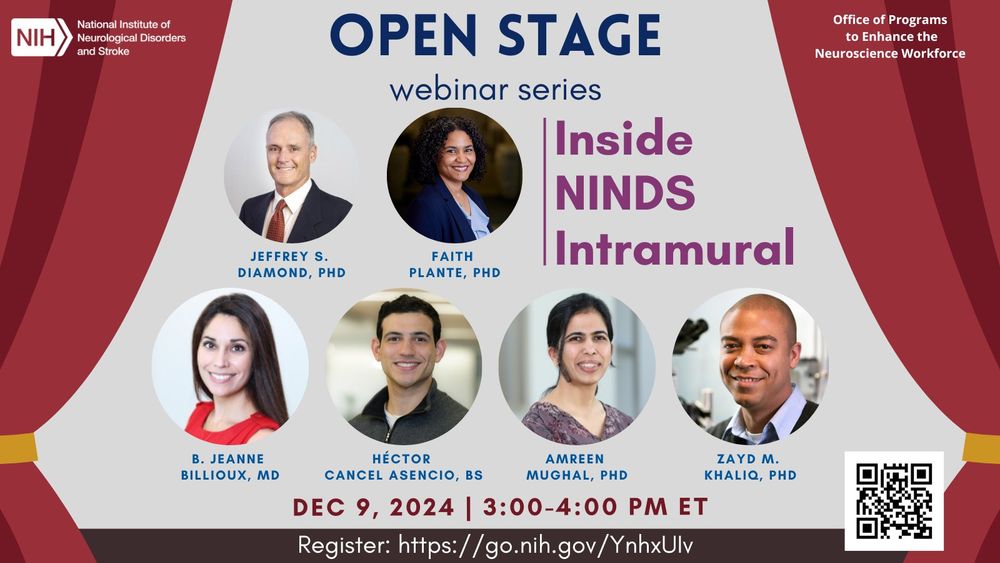 Brown theater stage with curtains pulled back revealing the words Open Stage webinar series and the title of the event "OPEN Stage Webinar: Inside NINDS Intramural." The event is Dec 9, 2024 3:00 - 4:00PM ET. The NIH NINDS graphic in the top left corner and the Office of Programs to Enhance the Neuroscience Workforce is in the top right. Images of our speakers are shown: Jeffrey S. Diamond, PhD; Faith Plante, PhD; B. Jeanne Billioux, MD; Héctor Cancel Asencio, BS; Amreen Mughal, PhD; Zayd M. Khaliq, PhD. The bottom text reads Register: https://go.nih.gov/YnhxUIv