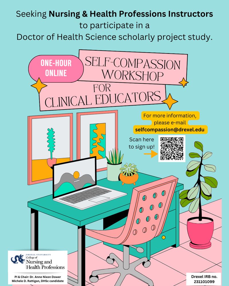 Picture of a desk, laptop, and chair with research announcement. E-mail selfcompassion@drexel.edu with questions.