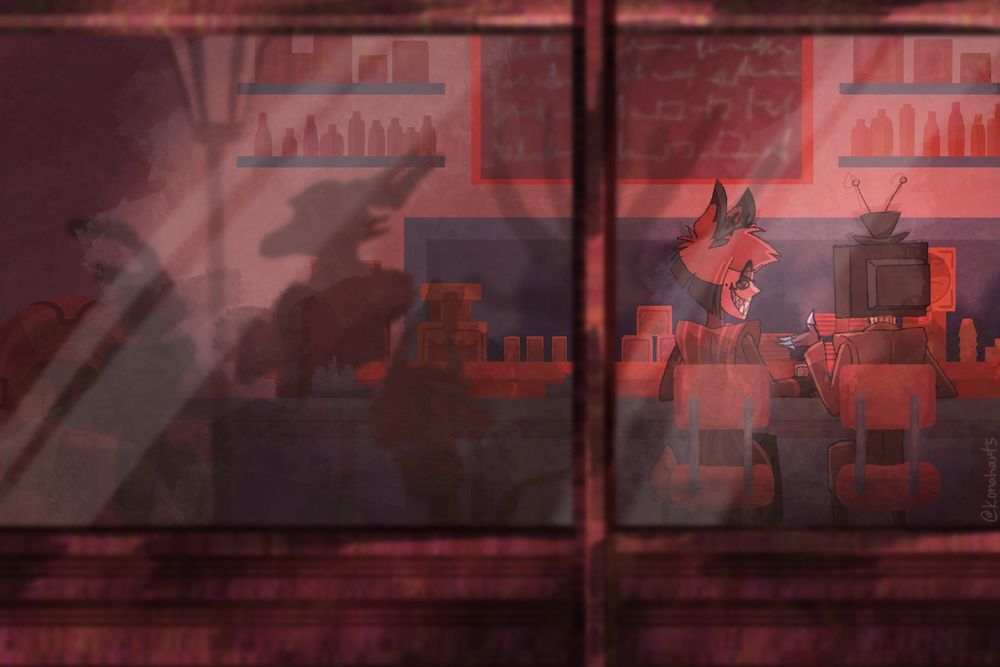 Alastor and Vox sitting in a diner, talking.