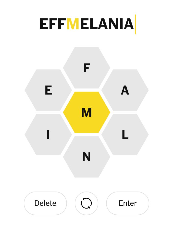 NYT's Spelling Bee with "Eff Melania" entered in the answer space. 
