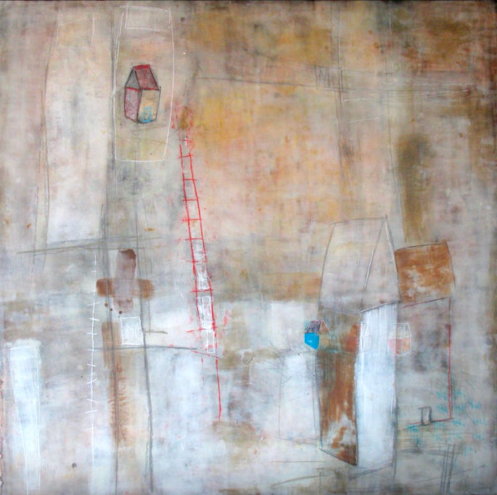 60” x 60” wax encaustic 
areas of translucent colors in whites and taupes. oil stick outlines of houses and a red ladder.