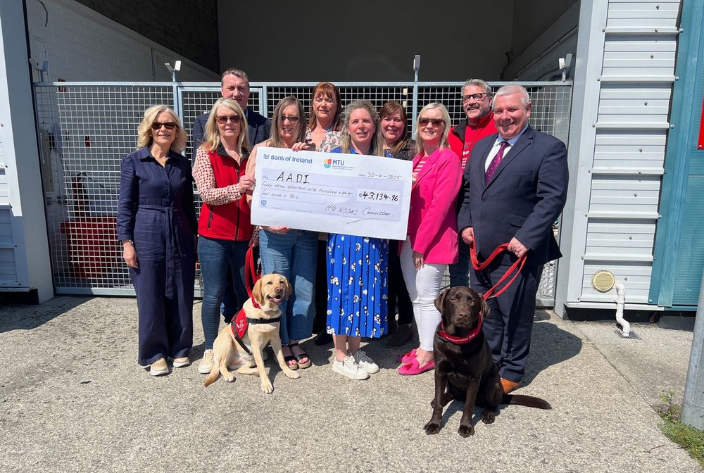 MTU Staff Charity Committee making the cheque presentation to Autism Assistance Dogs Ireland (AADI).