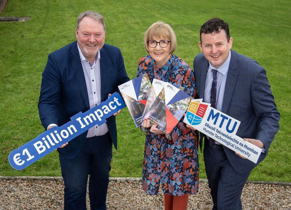 Dan Barry, Regional Director South & South East Enterprise Ireland; Professor Maggie Cusack, President MTU; Tim Daly, Head of Strategy & Performance MTU, celebrate the launch of the Economic and Social Impact Report Study for 2022/23.