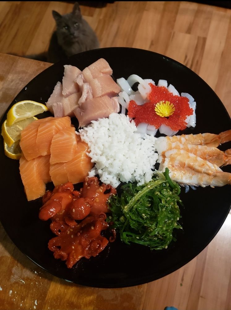 Sashimi platter and jealous cat