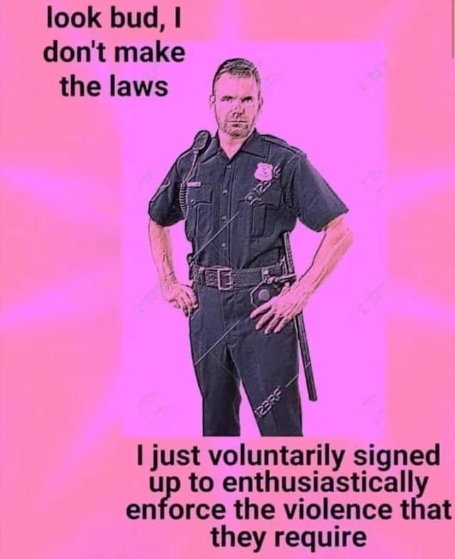 Picture of police officer on pink background saying "look bud, I don't make the laws. I just voluntarily signed up to enthusiastically enforce the violence that they require"
