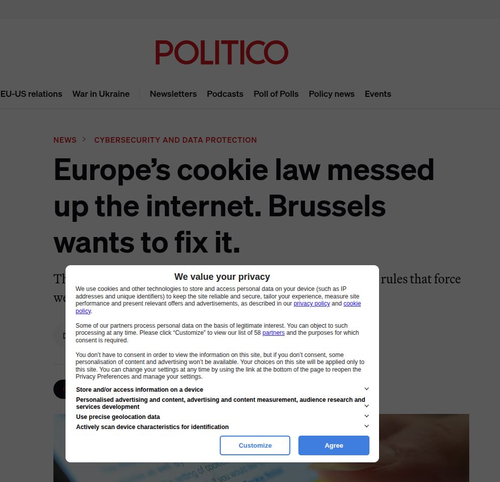 Screenshot of a web page. A "we value your privacy" cookie banner appears over the top of a Politico article with headline "Europe's cookie law messed up the internet. Brussels wants to fix it."