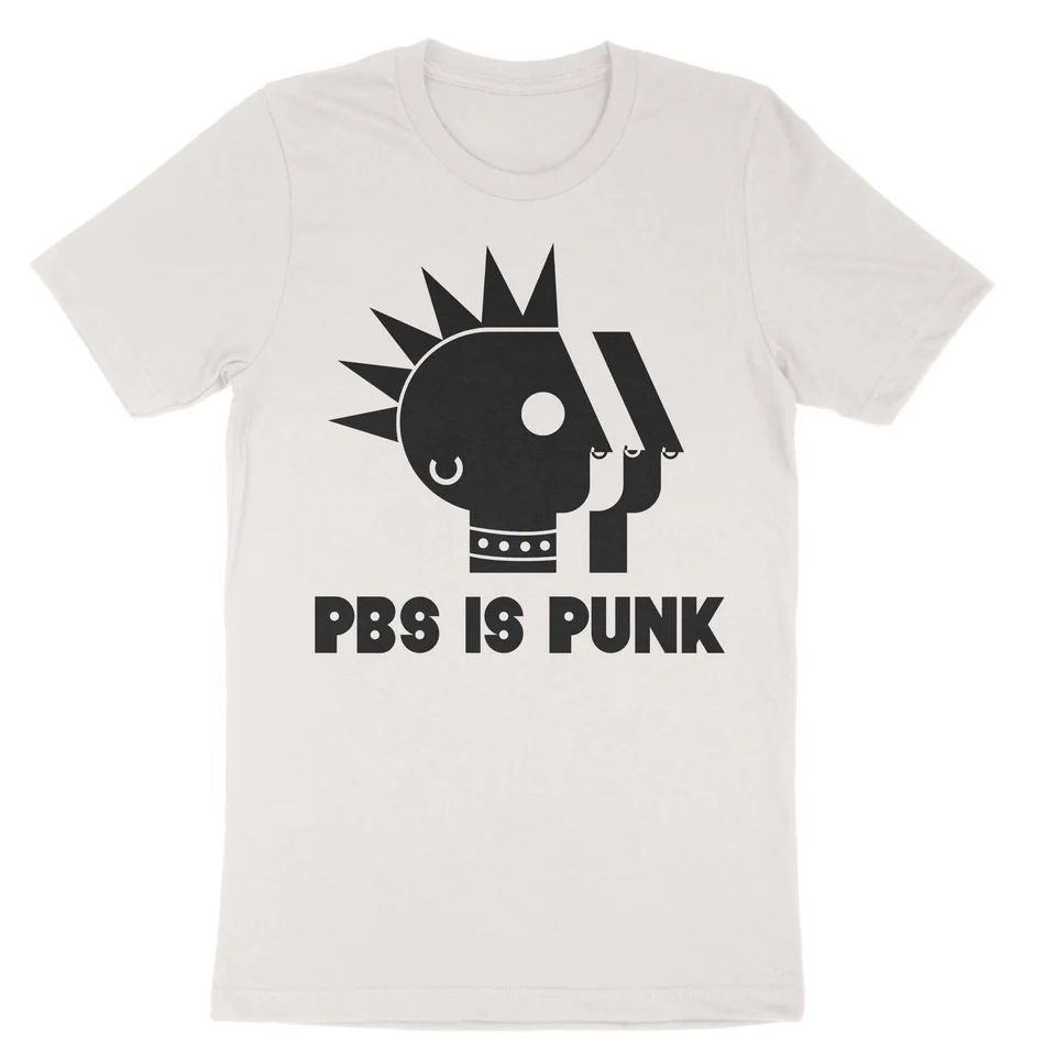 Activist t-shirt stating, "PBS is Punk" with a PBS logo that has a mohawk, earring, and studded choker necklace.
